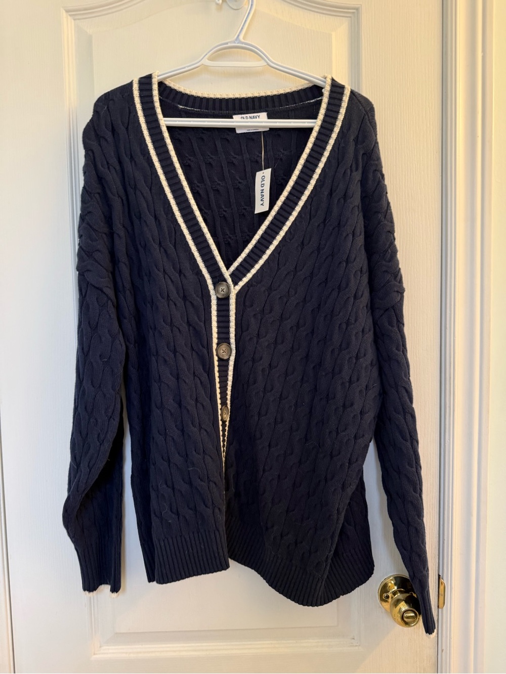 Old Navy Navy Cable-Knit V-Neck Cardigan with Cream Trim
